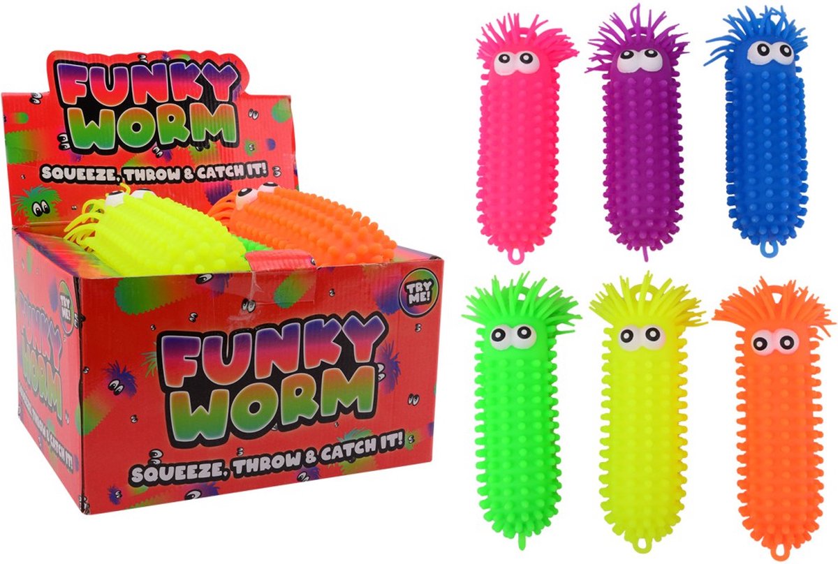 John Toy Fluffy worm met grote ogen 28cm (1 stuk) assorti