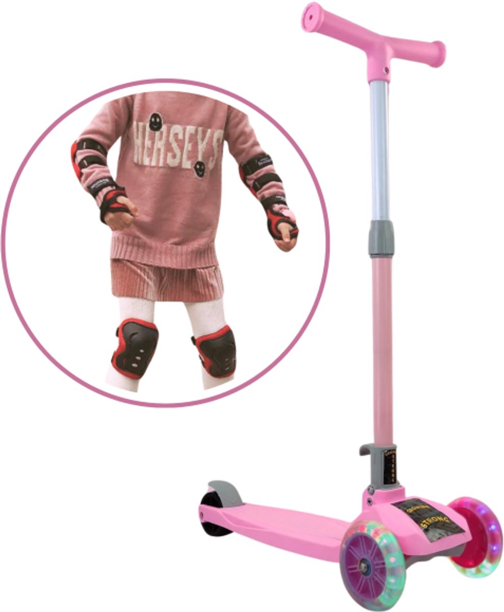 Jojoy - Kinderstep 3 Wielen - Kinder Step - Step met LED Wielen - Step met Lichtgevende Wielen - Roze - Inclusief Kniebeschermers en Polsbeschermers - FLASHRIDE