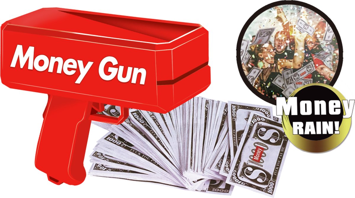   - Money Gun - Geldpistool - Moneygun - Cash Pistol - Milionaire Gun - Schieten met Geld - Geldregen - Inclusief 100 Briefjes Imitatie Geld