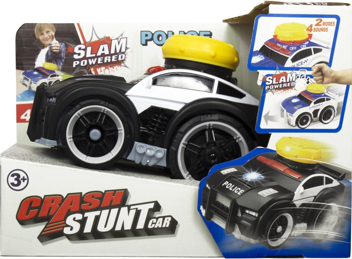 JollyVrooom - Crash Stunt Car - Politie - Licht en Geluid - Activatie Knop - Blauw/Wit