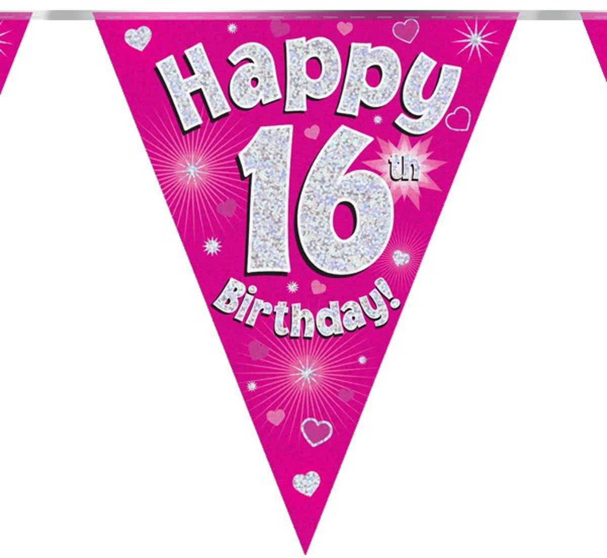 Vlaggenlijn holograpic Happy 16th Birthday Pink