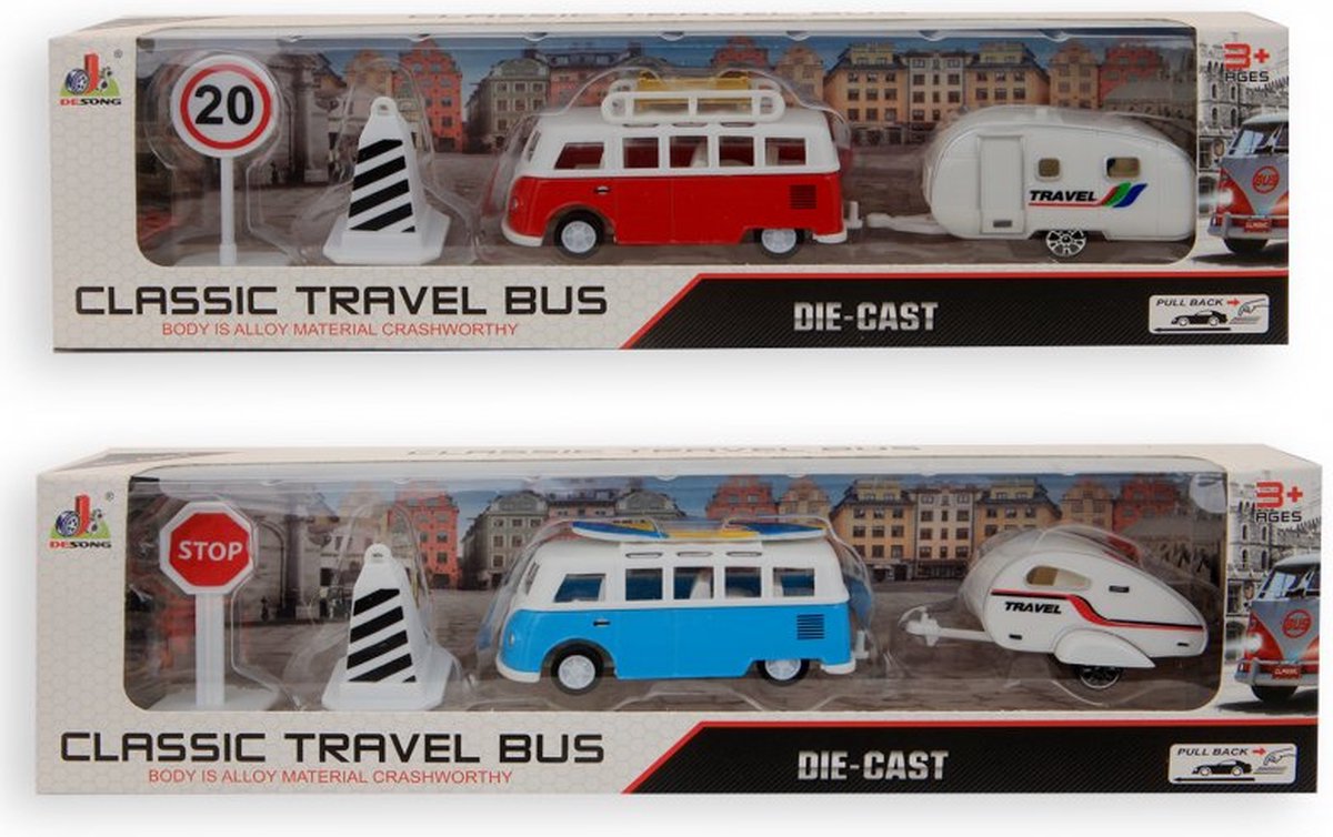 Jono toys- classic travel camper pullback met aanhanger