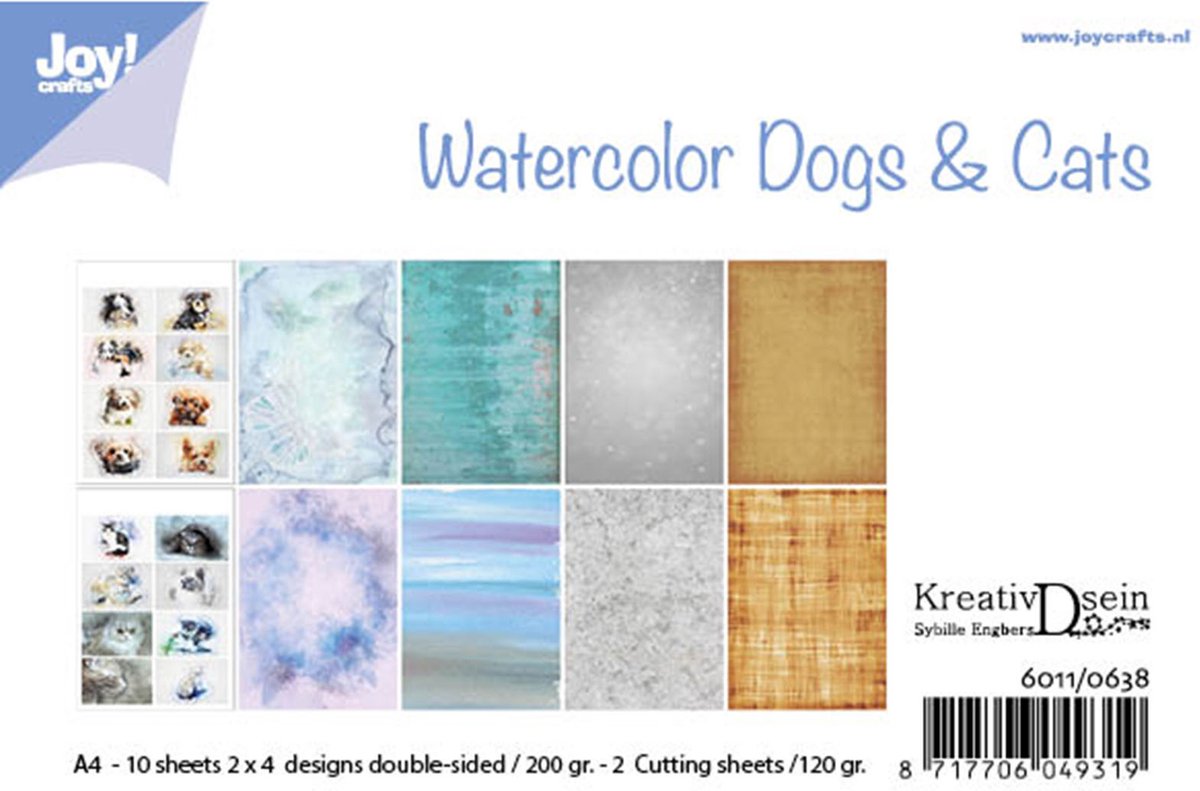 Joy!Crafts Papierset - A4 - 200g - 10 designs - Watercolor Dogs & Cats