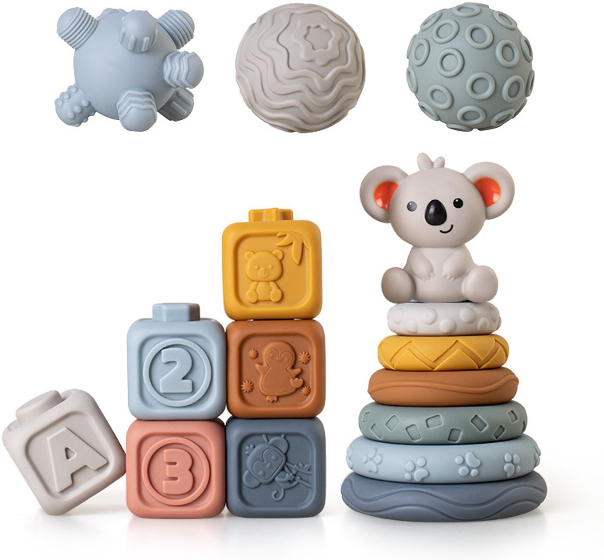 Joymaxx Baby Speelgoed 3-in-1 Sensorische Ballen, Stapelblokken Stapelringen Koala - BPA-vrij- Sensorisch Speelgoed 6 maanden - Montessori Speelgoed 12 maanden- Baby Speelgoed 1 jaar 18 maanden -Peuterspeelgoed 2 jaar
