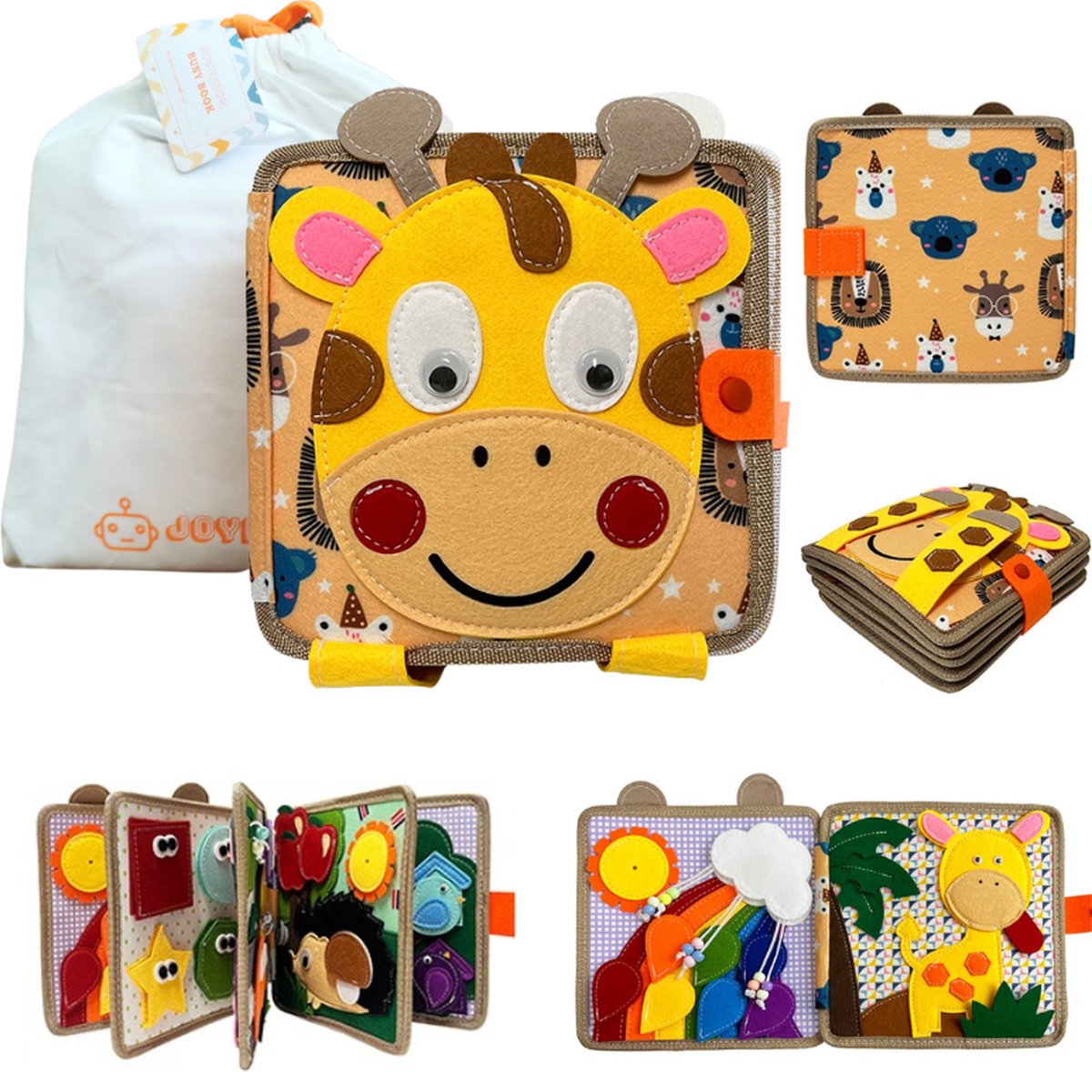 Joymaxx® Busy Board Book met Eco Tas - Montessori Leerboek voor Peuters- Quiet Book Giraffe 2 jaar 3 jaar - Educatief Activiteitenboek - Sensorisch speelgoed -Motoriek Speelgoed 18 maanden- Thuis/Op Reis