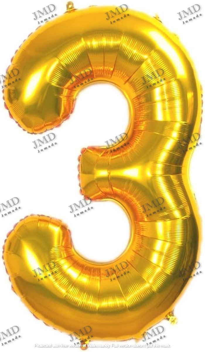 Folie ballon XL 100cm met opblaasrietje - cijfer 3 goud - 3 jaar folieballon - 1 meter groot met rietje - Mixen met andere cijfers en/of kleuren binnen het Jumada merk mogelijk