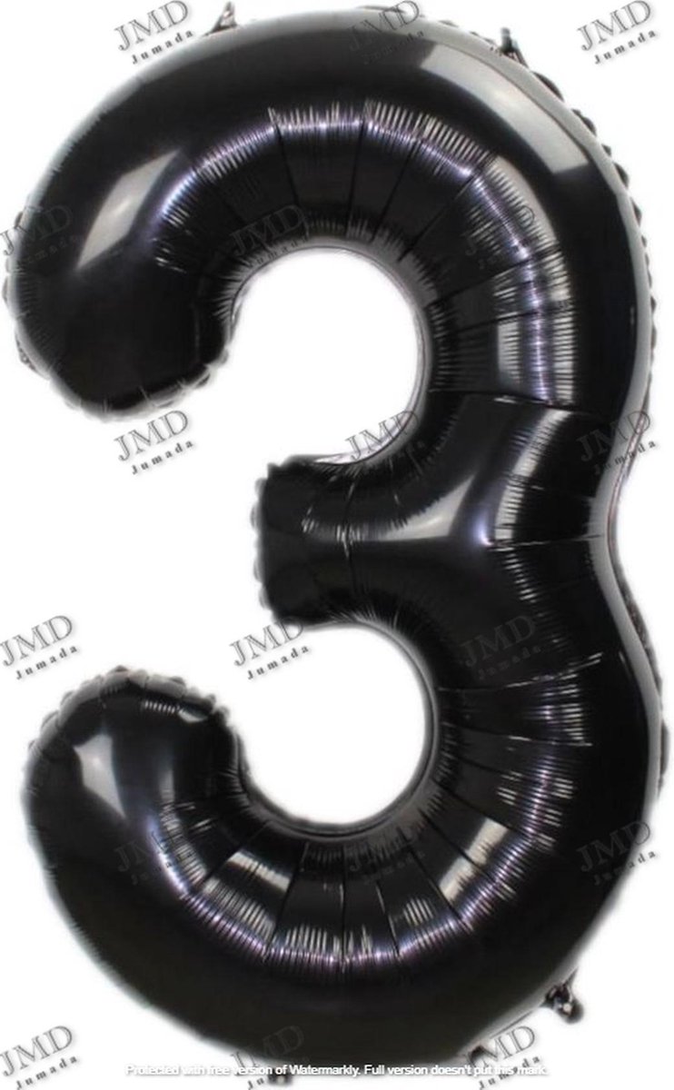 Folie ballon XL 100cm met opblaasrietje - cijfer 3 zwart - 3 jaar folieballon - 1 meter groot met rietje - Mixen met andere cijfers en/of kleuren binnen het Jumada merk mogelijk