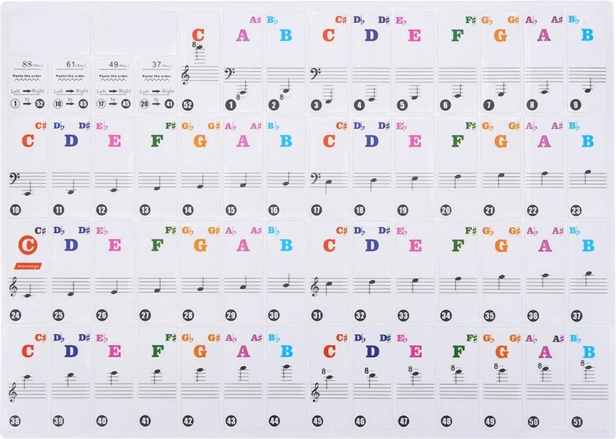   -   - Stickers voor de piano - Gekleurde noten - Muziek - Speelgoed - voor toetsenborden 37/49/54/61/88