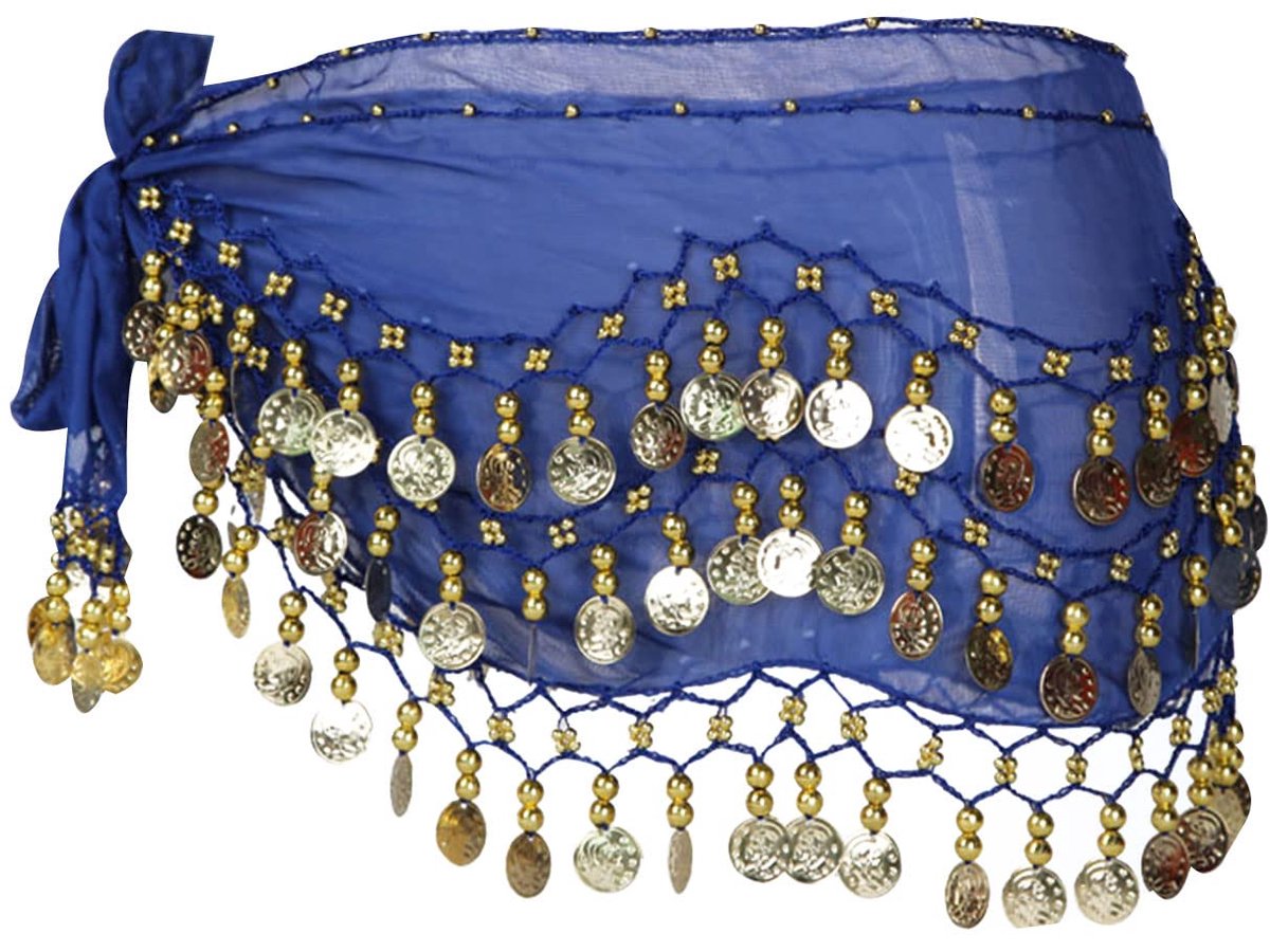 Jumadas - Buikdans sjaal - Heupsjaal - Buikdansen - Blauw met gouden muntjes - 150cm