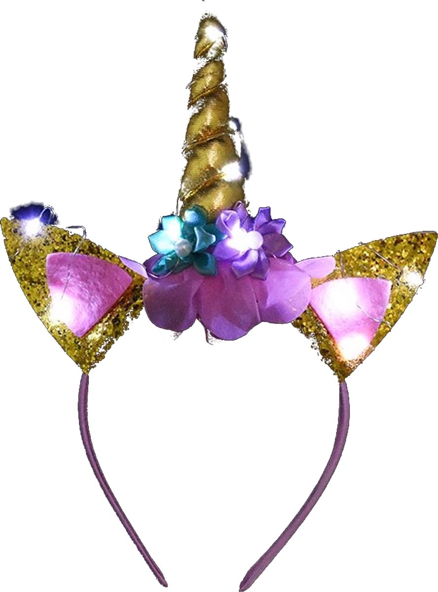 Jumadas - Eenhoorn/unicorn diadeem met LED lampje Haardecoratie - Glitters - Bloemen - Lichtjes - Goud