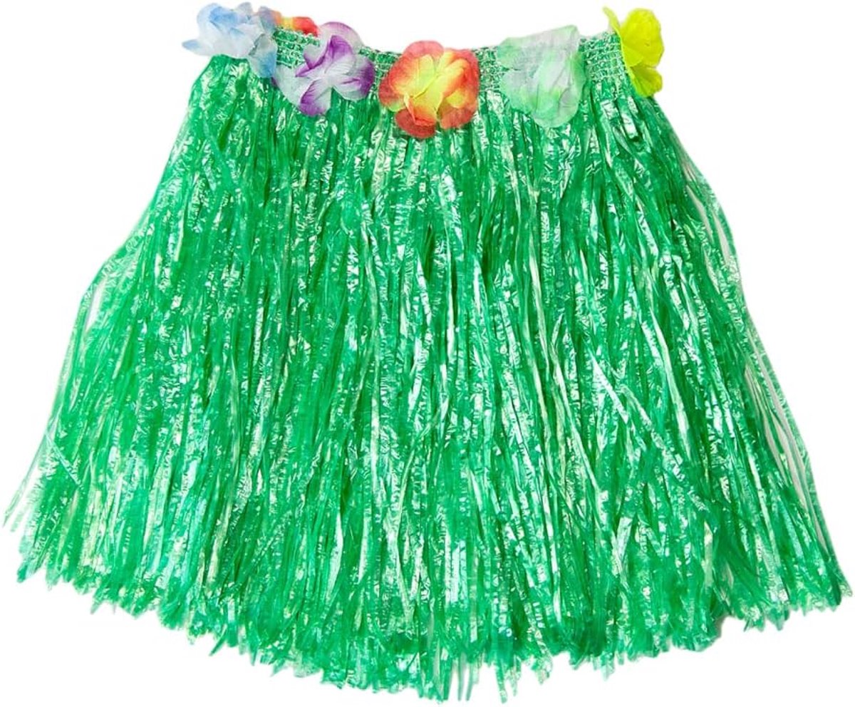 Jumadas - Hawaii rokje - Verkleedrokje - Hula rokje - Raffia - Bloemen - Groen - 40 cm