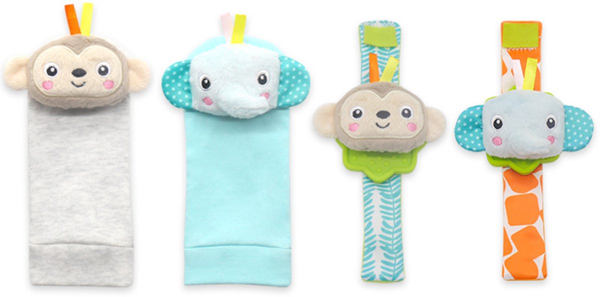 Baby Rammelaar Set - Sokjes en Rammelaar Armbanden - 4-delig rammelaar set - sokken - voor de allerkleinste - pols- en Voetrammelaar set - 0 t/m 24 maanden - Olifant & Aap