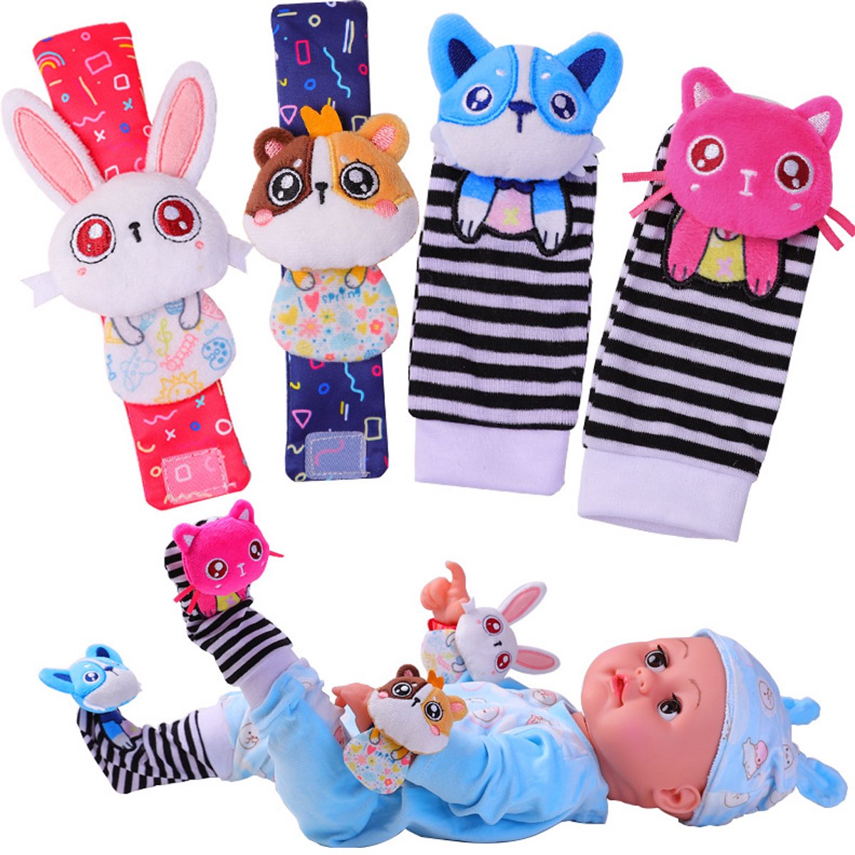 Jumalu Baby Rammelaar Set - Sokjes en Rammelaar Armbanden - 4-delig rammelaar set - sokken - voor de allerkleinste - pols- en Voetrammelaar set - 0 t/m 24 maanden - Cartoon Dier