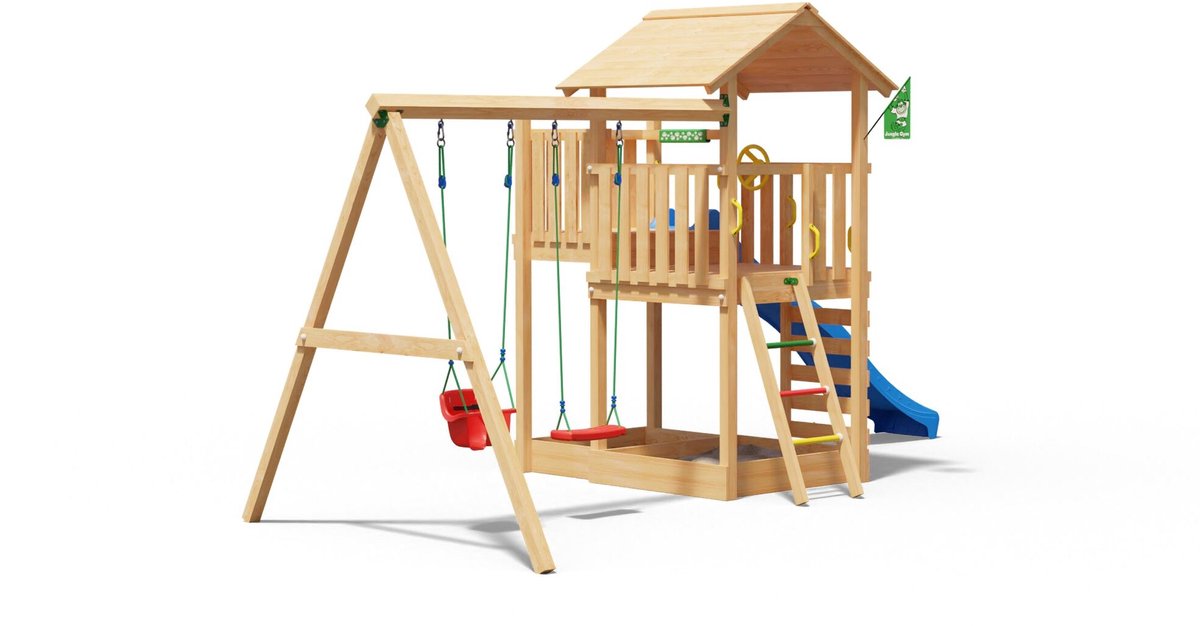   speeltoestel van douglas hout - Jungle Arbour met blauwe glijbaan - Tuin speeltoestel voor buiten met zandbak en schommels