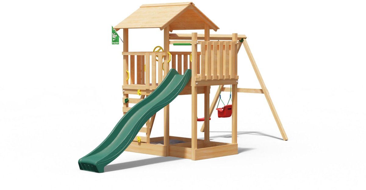   speeltoestel van douglas hout - Jungle Arbour met donkergroene glijbaan - Tuin speeltoestel voor buiten met zandbak en schommels