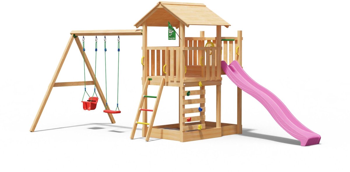   speeltoestel van douglas hout - Jungle Arbour met roze glijbaan - Tuin speeltoestel voor buiten met zandbak en schommels