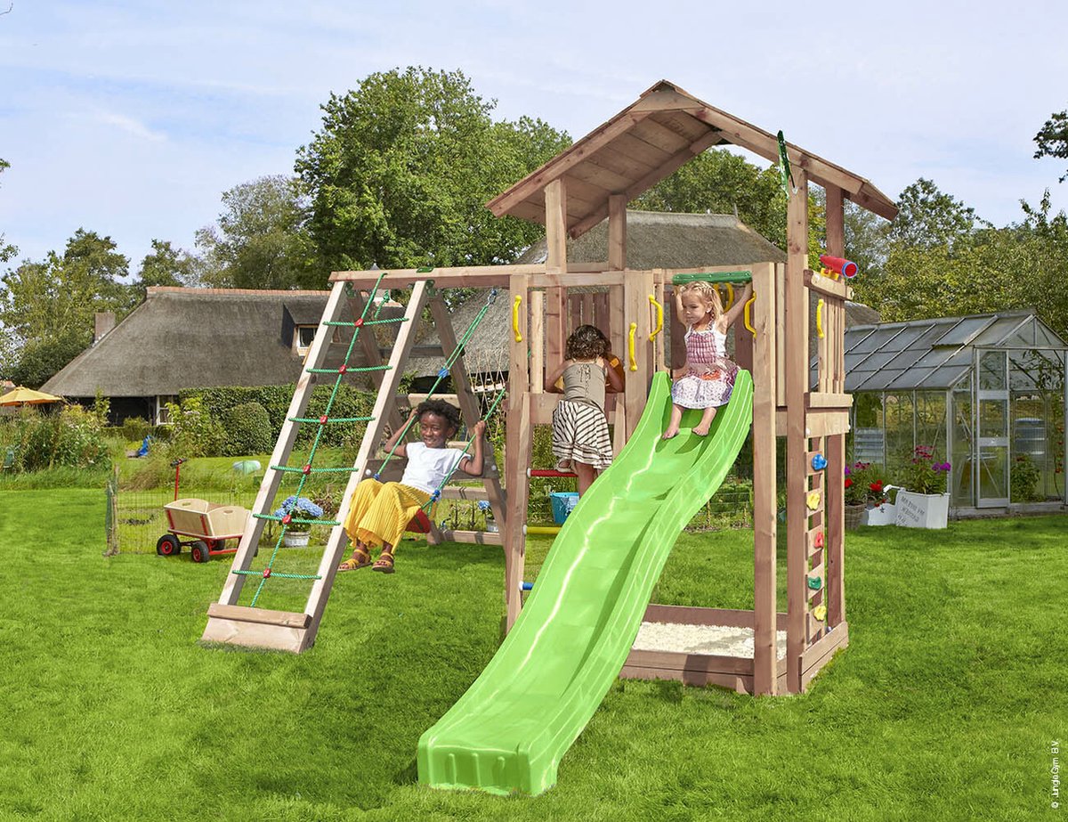   speeltoestel van douglas hout - Jungle Chalet met groene glijbaan - Tuin speeltoestel voor buiten met zandbak, schommel en klimnet