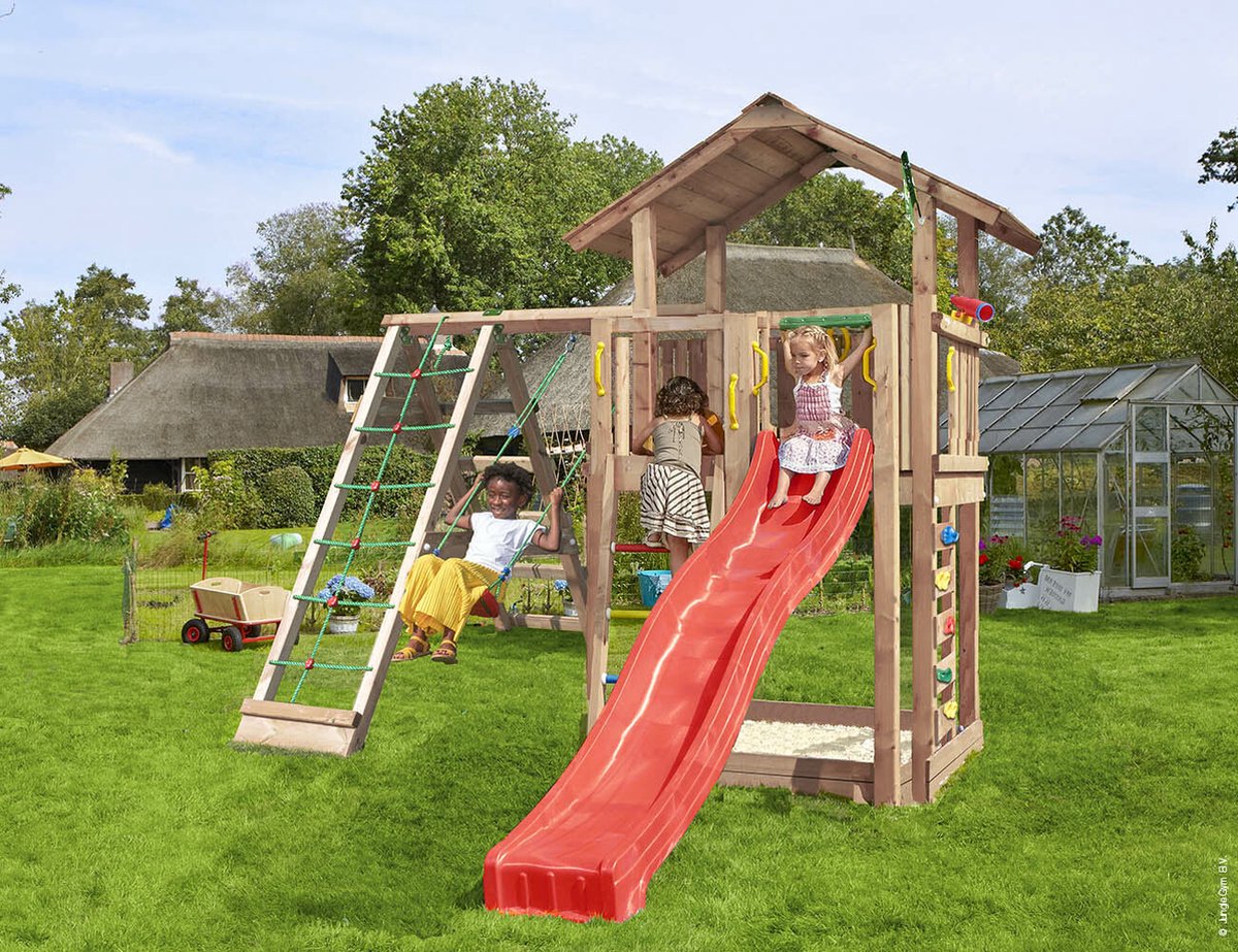   speeltoestel van douglas hout - Jungle Chalet met rode glijbaan - Tuin speeltoestel voor buiten met zandbak, schommel en klimnet