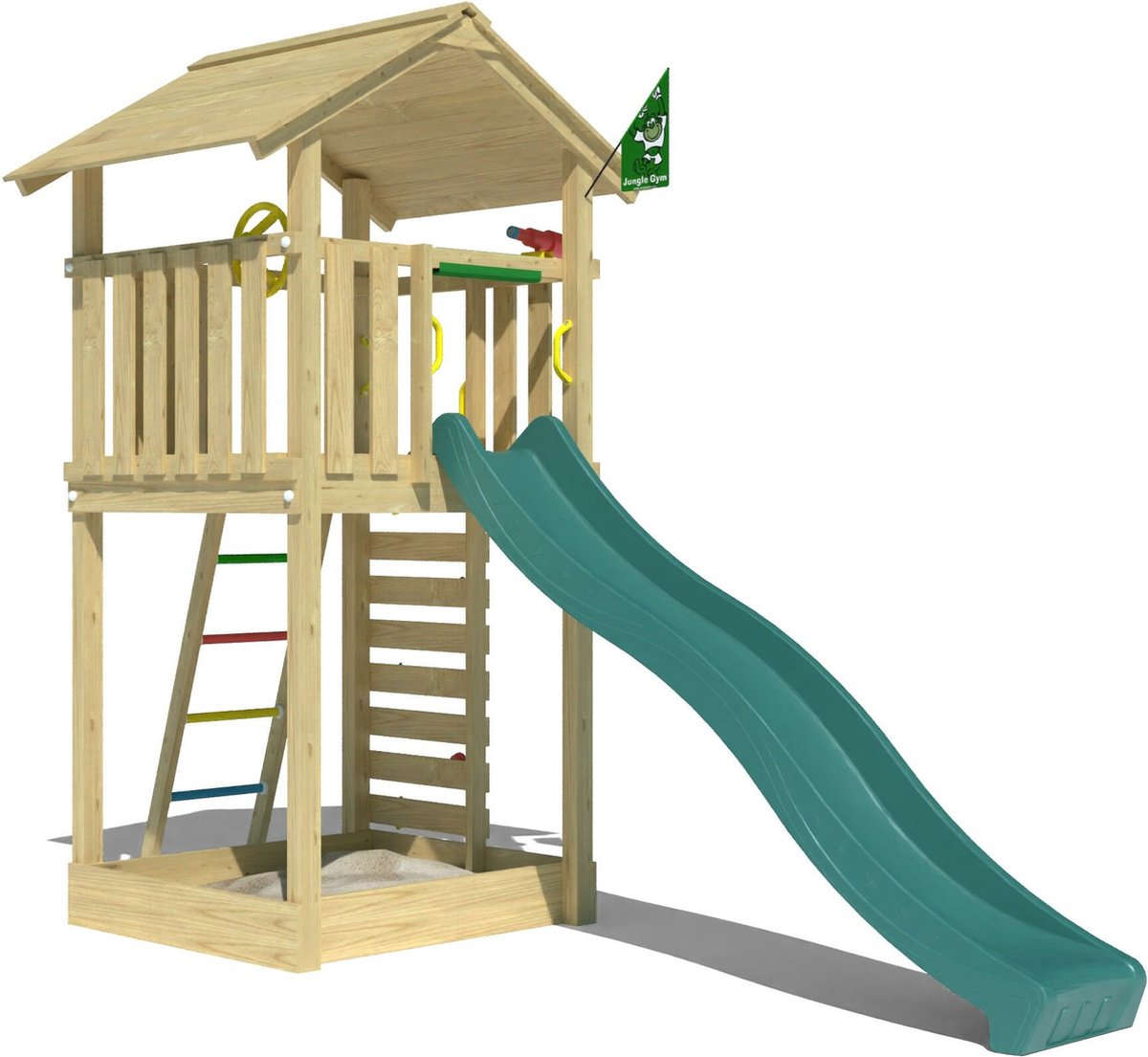 Jungle Gym speeltoestel van douglas hout - Jungle Cottage met gele glijbaan - Tuin speeltoestel voor buiten met klimladder, klimwand en zandbak