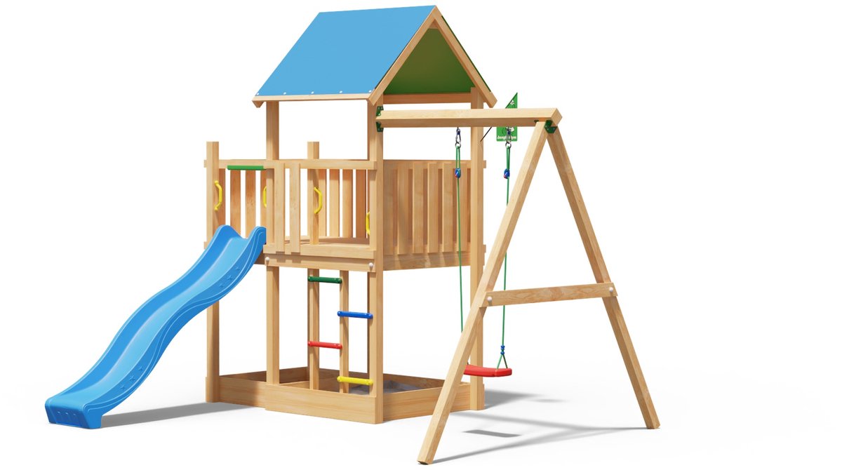   speeltoestel van douglas hout - Jungle Dazzle met blauwe glijbaan - Tuin speeltoestel voor buiten met zandbak en schommel