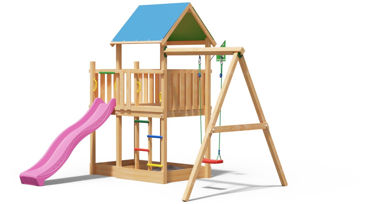   speeltoestel van douglas hout - Jungle Dazzle met roze glijbaan - Tuin speeltoestel voor buiten met zandbak en schommel