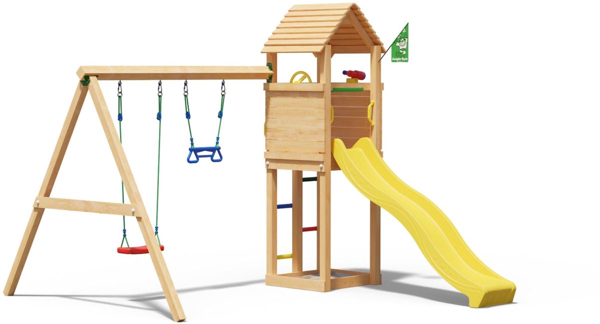   speeltoestel van douglas hout - Jungle Delight met gele glijbaan - Tuin speeltoestel voor buiten met zandbak en schommels