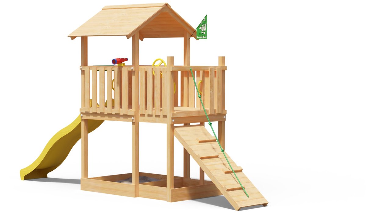   speeltoestel van douglas hout - Jungle Drift met gele glijbaan - Tuin speeltoestel voor buiten met zandbak en klimhelling