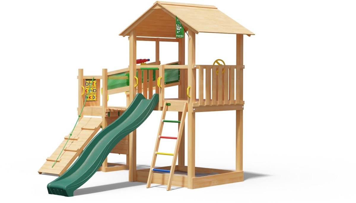   speeltoestel van douglas hout - Jungle Fortress met donkergroene glijbaan - Tuin speeltoestel voor buiten met zandbak, loopbrug en klimwand