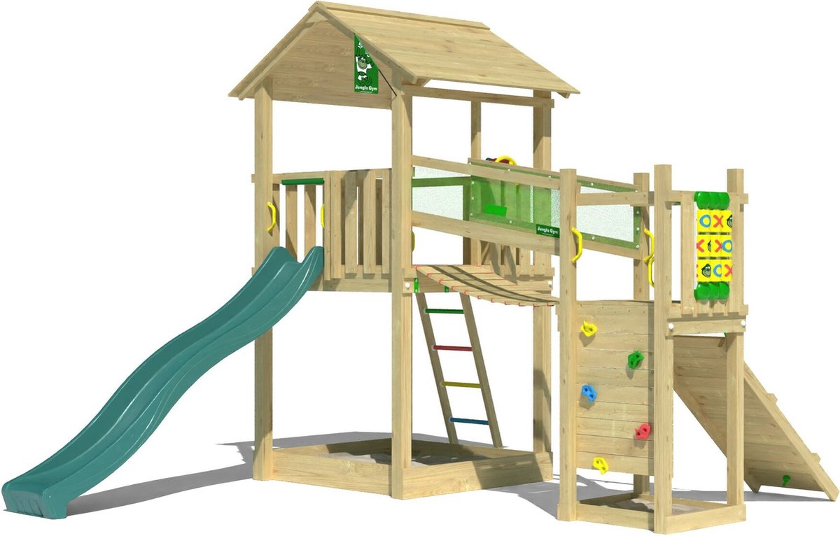   speeltoestel van douglas hout - Jungle Fortress met gele glijbaan - Tuin speeltoestel voor buiten met zandbak, loopbrug en klimwand