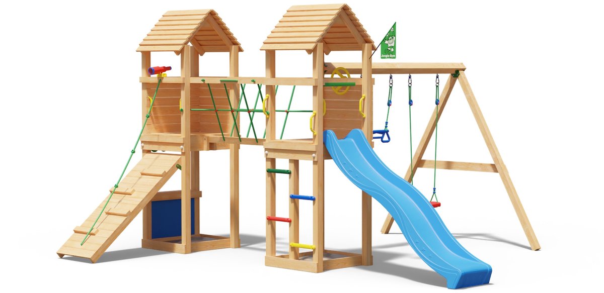   speeltoestel van douglas hout - Jungle Gatehouse met blauwe glijbaan - Tuin speeltoestel voor buiten met balanceerbrug, klimhelling en winkeltje