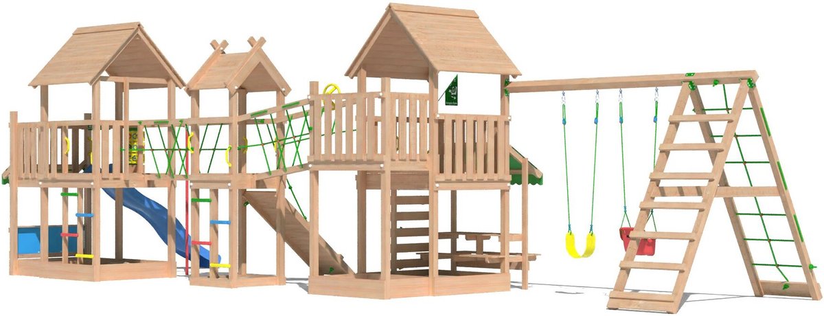   speeltoestel van douglas hout - Jungle Gazebo XXL met blauwe glijbaan - Tuin speeltoestel voor buiten met schommels, klimwand en picknicktafel