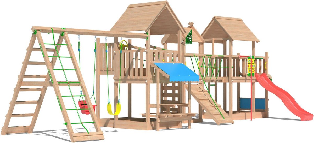   speeltoestel van douglas hout - Jungle Gazebo XXL met rode glijbaan - Tuin speeltoestel voor buiten met schommels, klimwand en picknicktafel