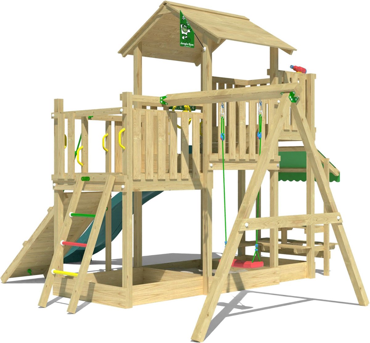   speeltoestel van douglas hout - Jungle Habitat met gele glijbaan - Tuin speeltoestel voor buiten met zandbak, schommel en klimhelling