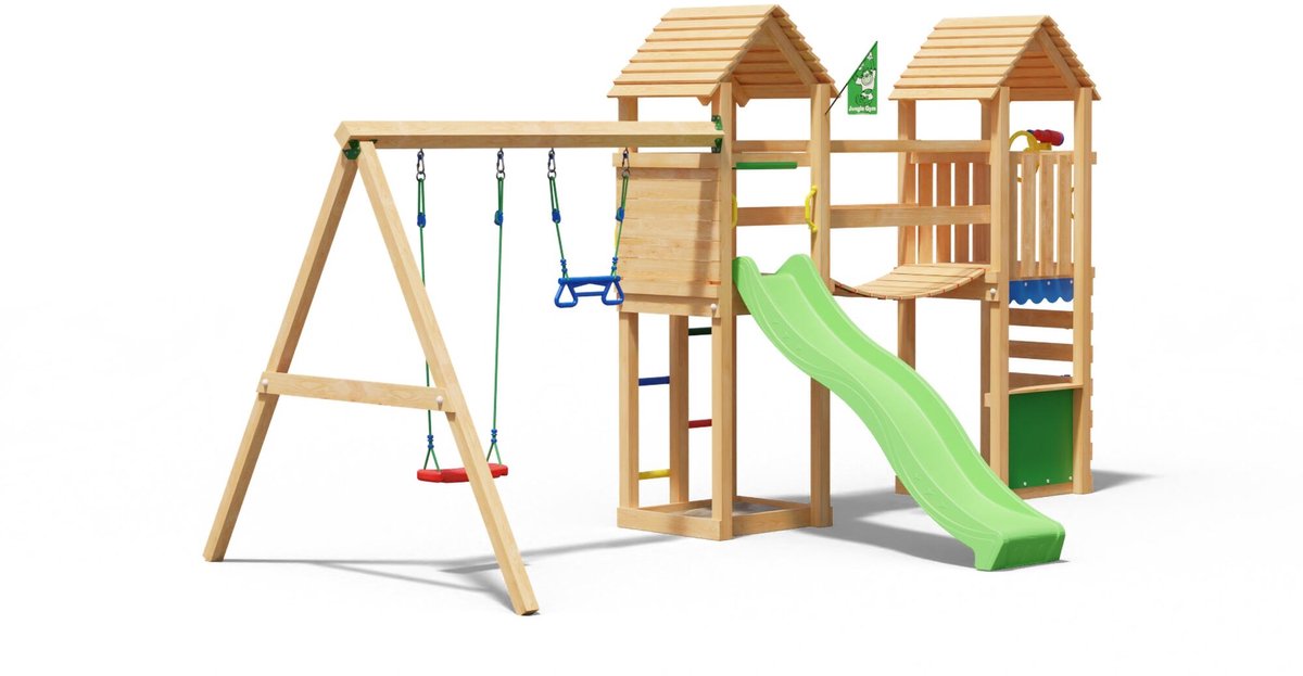   speeltoestel van douglas hout - Jungle Haven met groene glijbaan - Tuin speeltoestel voor buiten met zandbak en schommels