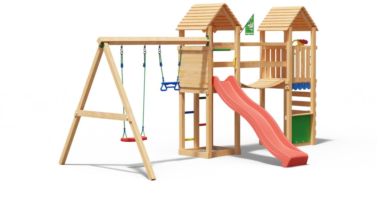   speeltoestel van douglas hout - Jungle Haven met rode glijbaan - Tuin speeltoestel voor buiten met zandbak en schommels