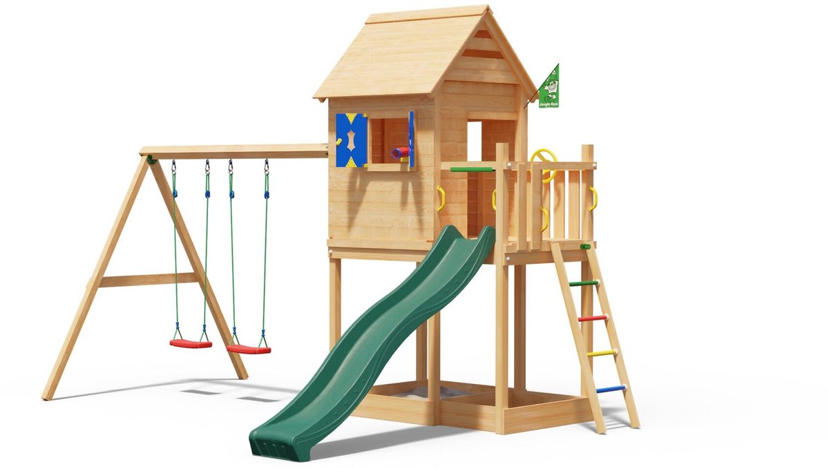   speeltoestel van douglas hout - Jungle Hideout met donkergroene glijbaan - Tuin speeltoestel voor buiten met zandbak en schommels