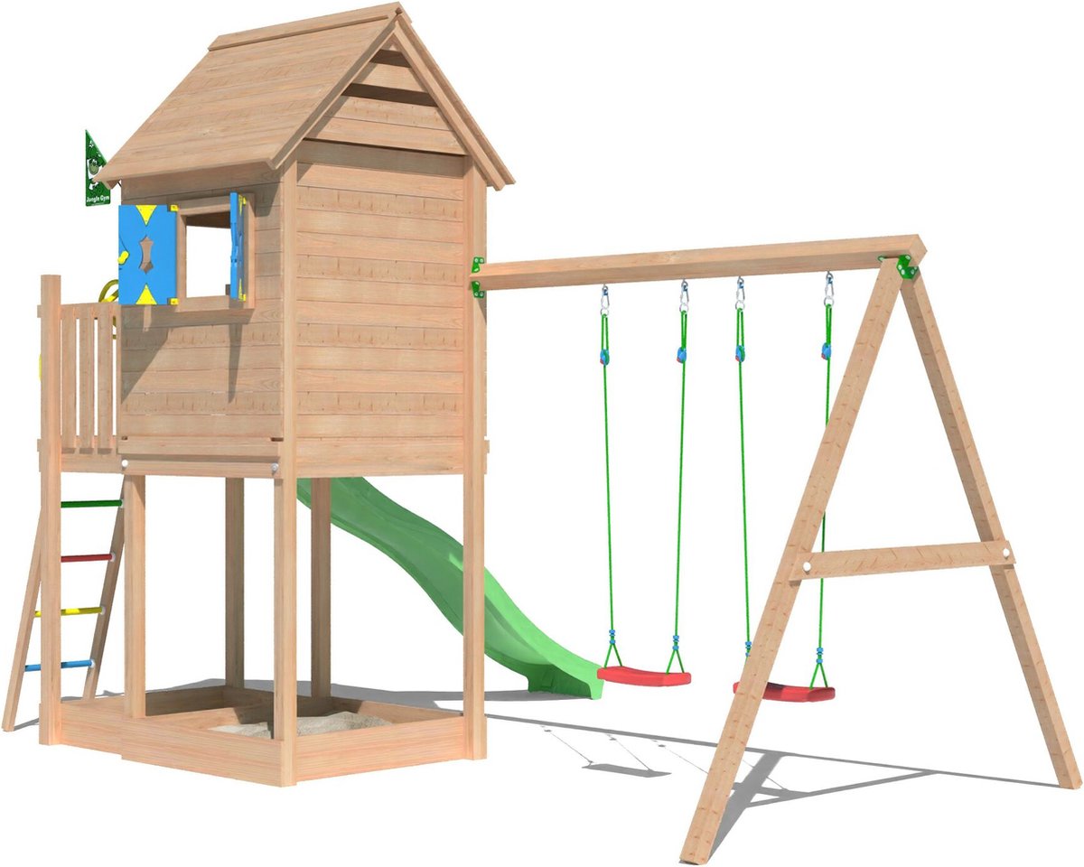   speeltoestel van douglas hout - Jungle Hideout met groene glijbaan - Tuin speeltoestel voor buiten met zandbak en schommels