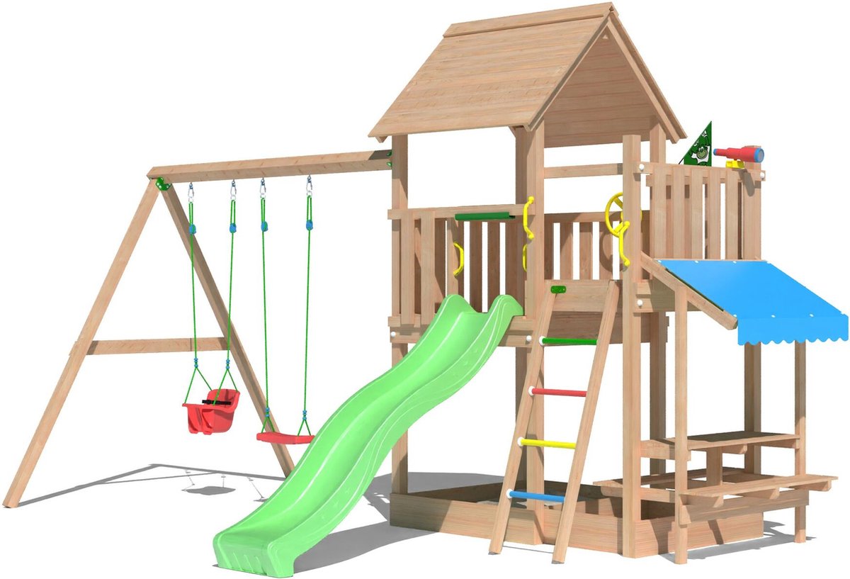   speeltoestel van douglas hout - Jungle Lagoon met groene glijbaan - Tuin speeltoestel voor buiten met zandbak en schommels