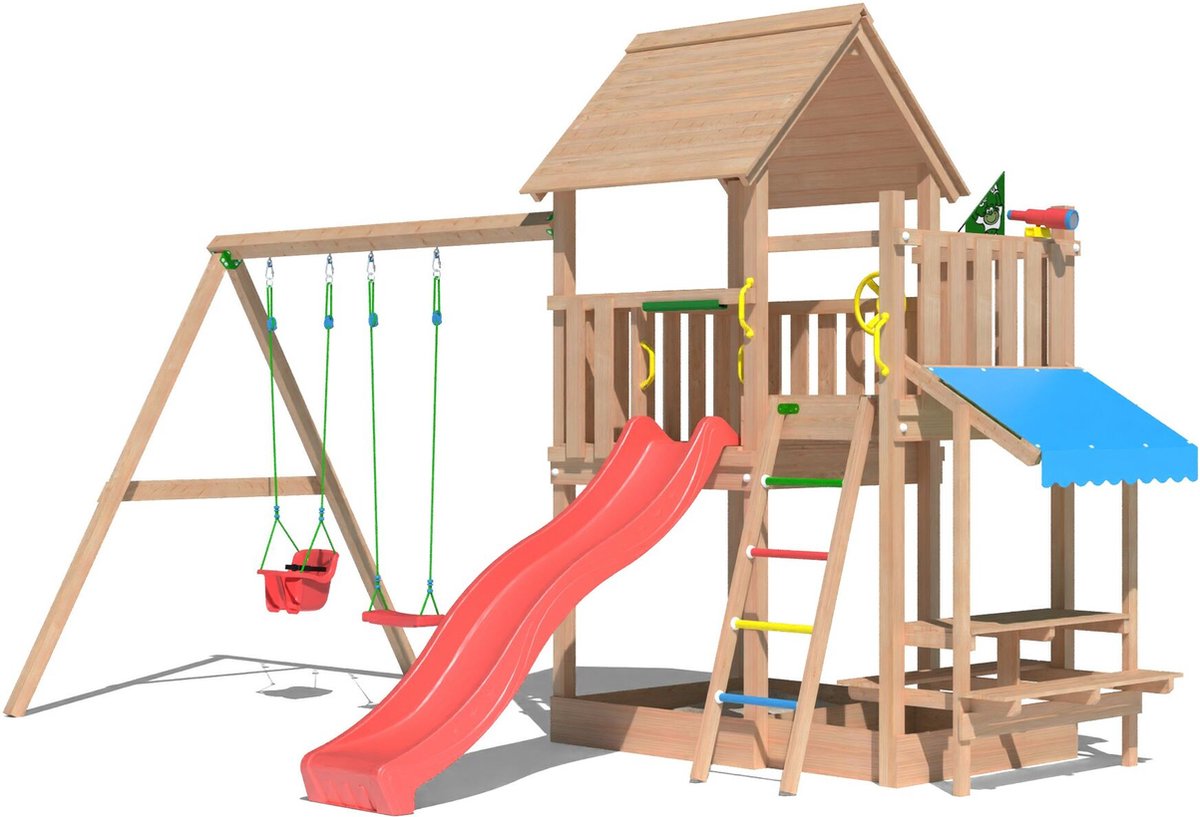   speeltoestel van douglas hout - Jungle Lagoon met rode glijbaan - Tuin speeltoestel voor buiten met zandbak en schommels
