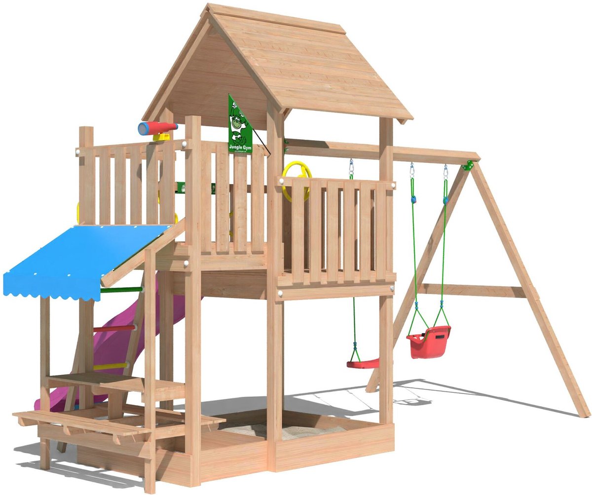   speeltoestel van douglas hout - Jungle Lagoon met roze glijbaan - Tuin speeltoestel voor buiten met zandbak en schommels