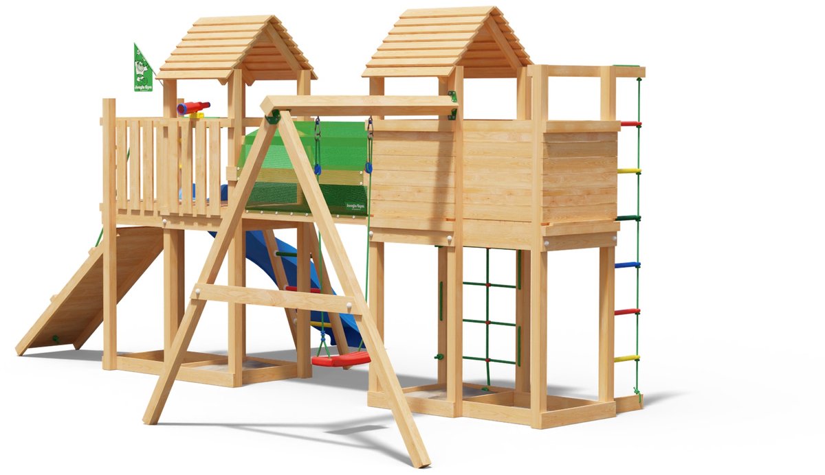   speeltoestel van douglas hout - Jungle Leda met blauwe glijbaan - Tuin speeltoestel voor buiten met zandbak, schommel en klimladder