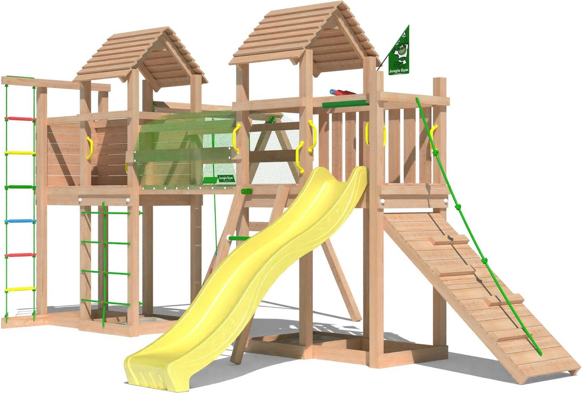   speeltoestel van douglas hout - Jungle Leda met gele glijbaan - Tuin speeltoestel voor buiten met zandbak, schommel en klimladder