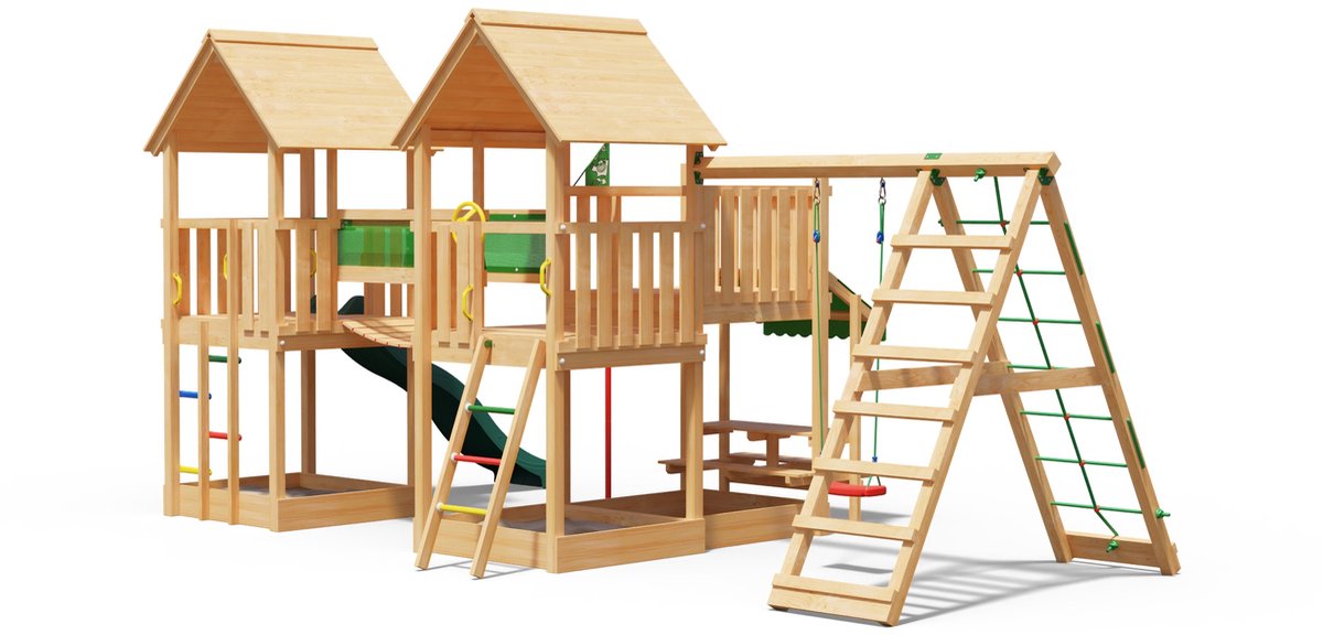   speeltoestel van douglas hout - Jungle Luxor met donkergroene glijbaan - Tuin speeltoestel voor buiten met zandbak, schommel en klimnet