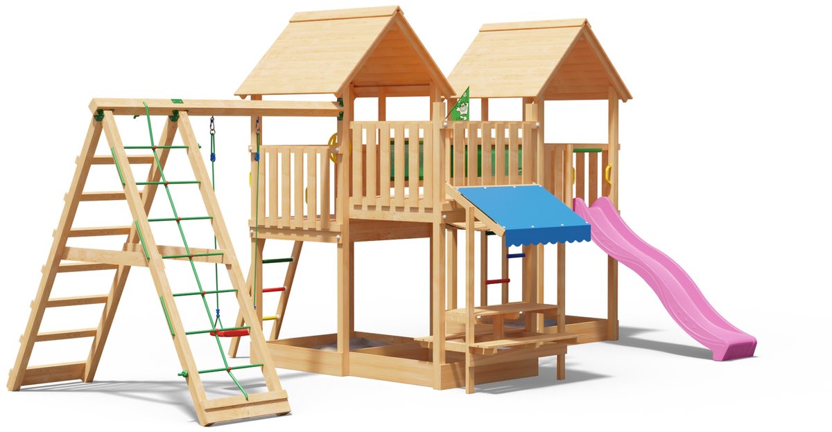   speeltoestel van douglas hout - Jungle Luxor met roze glijbaan - Tuin speeltoestel voor buiten met zandbak, schommel en klimnet