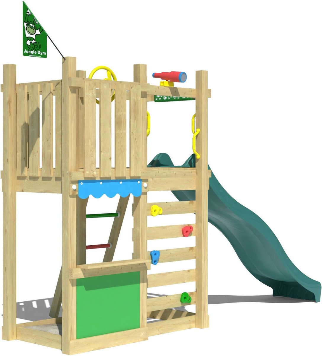   speeltoestel van douglas hout - Jungle Nest met donkergroene glijbaan - Tuin speeltoestel voor buiten met zandbak, winkeltje en klimwand