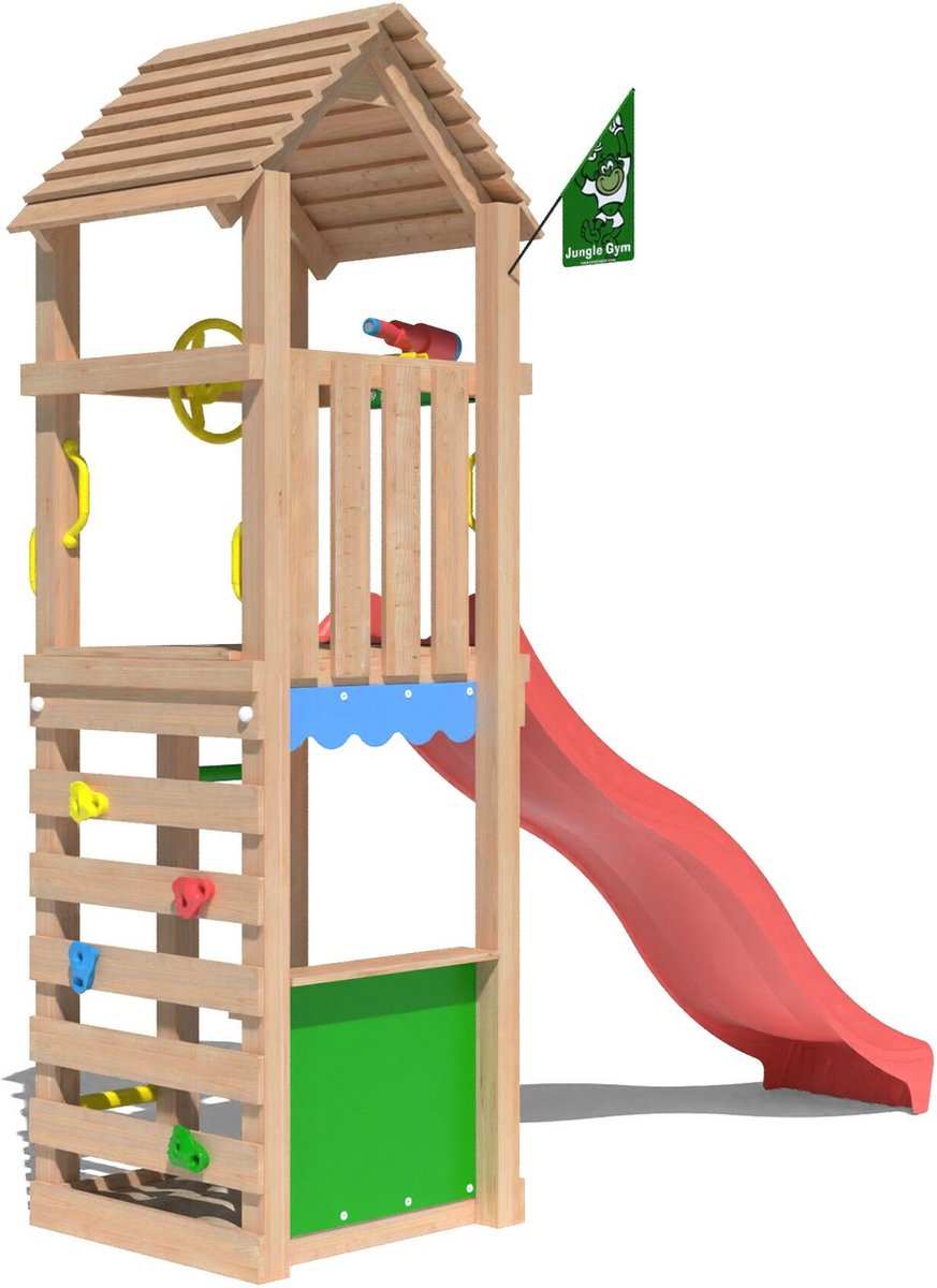   speeltoestel van douglas hout - Jungle Nook met rode glijbaan - Tuin speeltoestel voor buiten met zandbak, winkeltje en klimwand