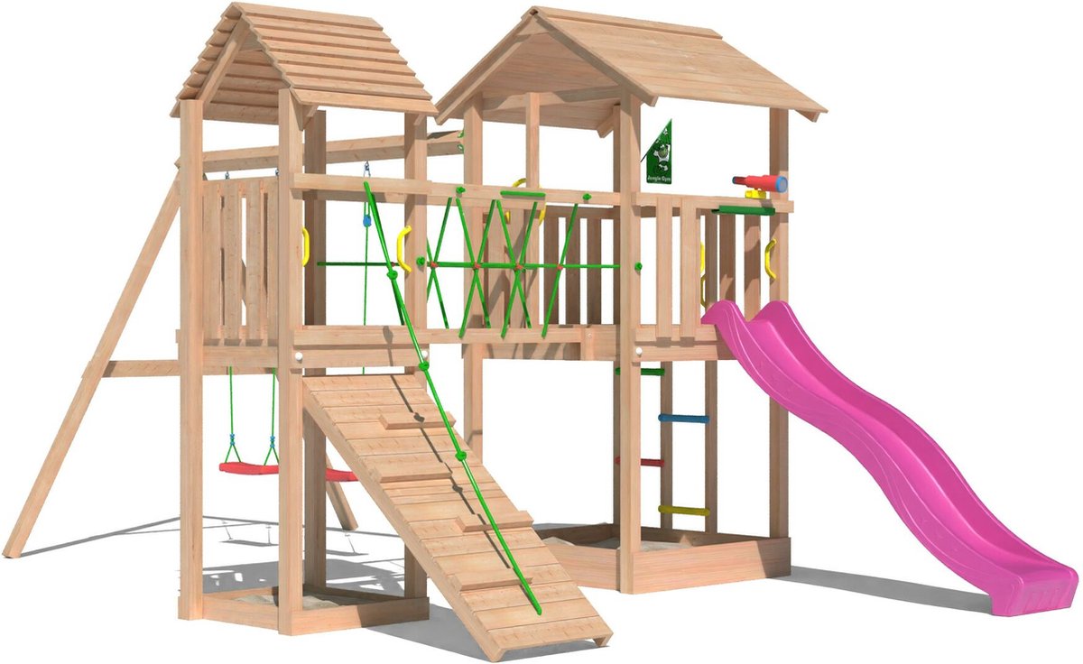   speeltoestel van douglas hout - Jungle Nova met roze glijbaan - Tuin speeltoestel voor buiten met zandbak, schommels en klimhelling