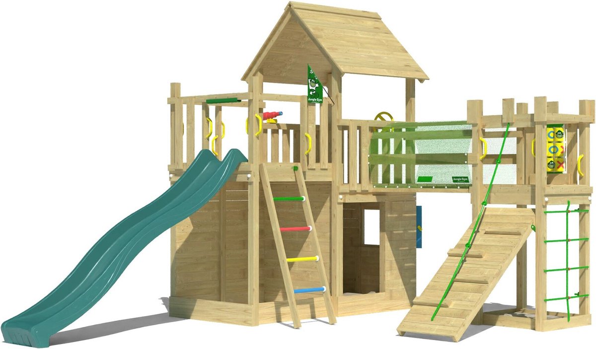   speeltoestel van douglas hout - Jungle Olympus met groene glijbaan - Tuin speeltoestel voor buiten met zandbak en klimwand