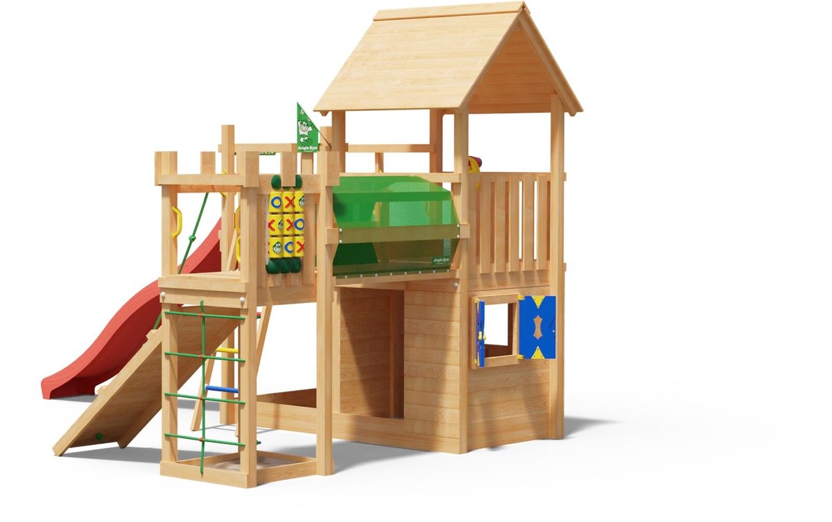   speeltoestel van douglas hout - Jungle Olympus met rode glijbaan - Tuin speeltoestel voor buiten met zandbak en klimwand