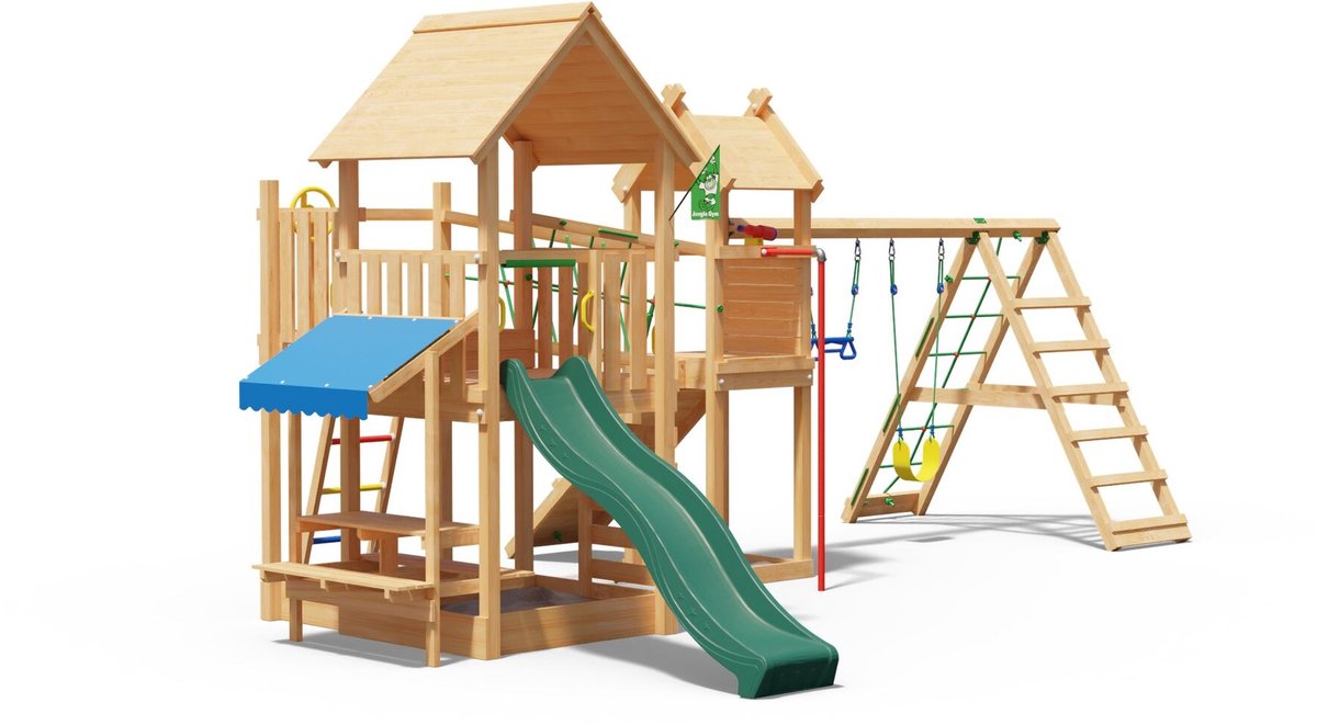   speeltoestel van douglas hout - Jungle Pavillon met donkergroene glijbaan - Tuin speeltoestel voor buiten met schommels, brandweerpaal en zandbak